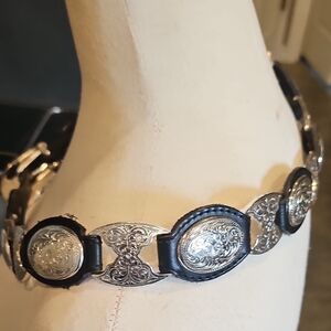Vintage 1996 Tony Lama Western USA Black Leather Silver Conchos Belt 32